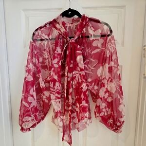 Floral Sheer Blouse with Bow Tie